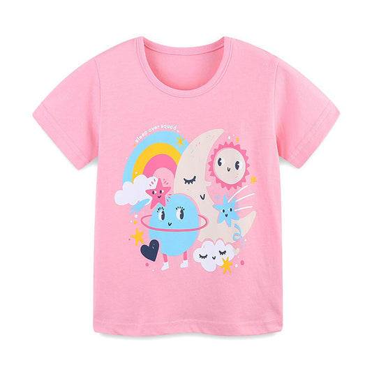 MyKids-USA® Summer Girls’ Sun and Moon Cartoon Pattern T-shirt in European and American Style