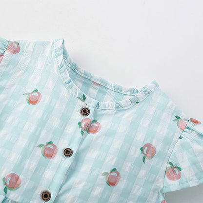 MyKids-USA® Fruits Pattern Fly Sleeves Single Breasted Plaid Dress for Stylish Girls