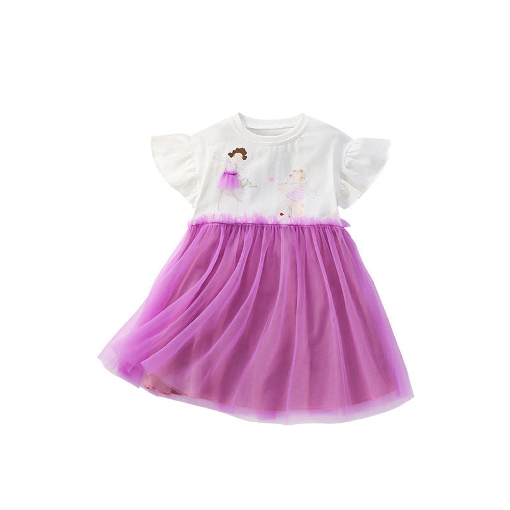 MyKids-USA® Cartoon Pattern Fly Sleeves Tulle Patchwork Dress for Stylish Girls