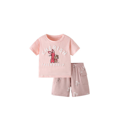 MyKids-USA® Baby Kids Cartoon and Letters Pattern T-shirt and Floral Shorts Clothing Set for Girls