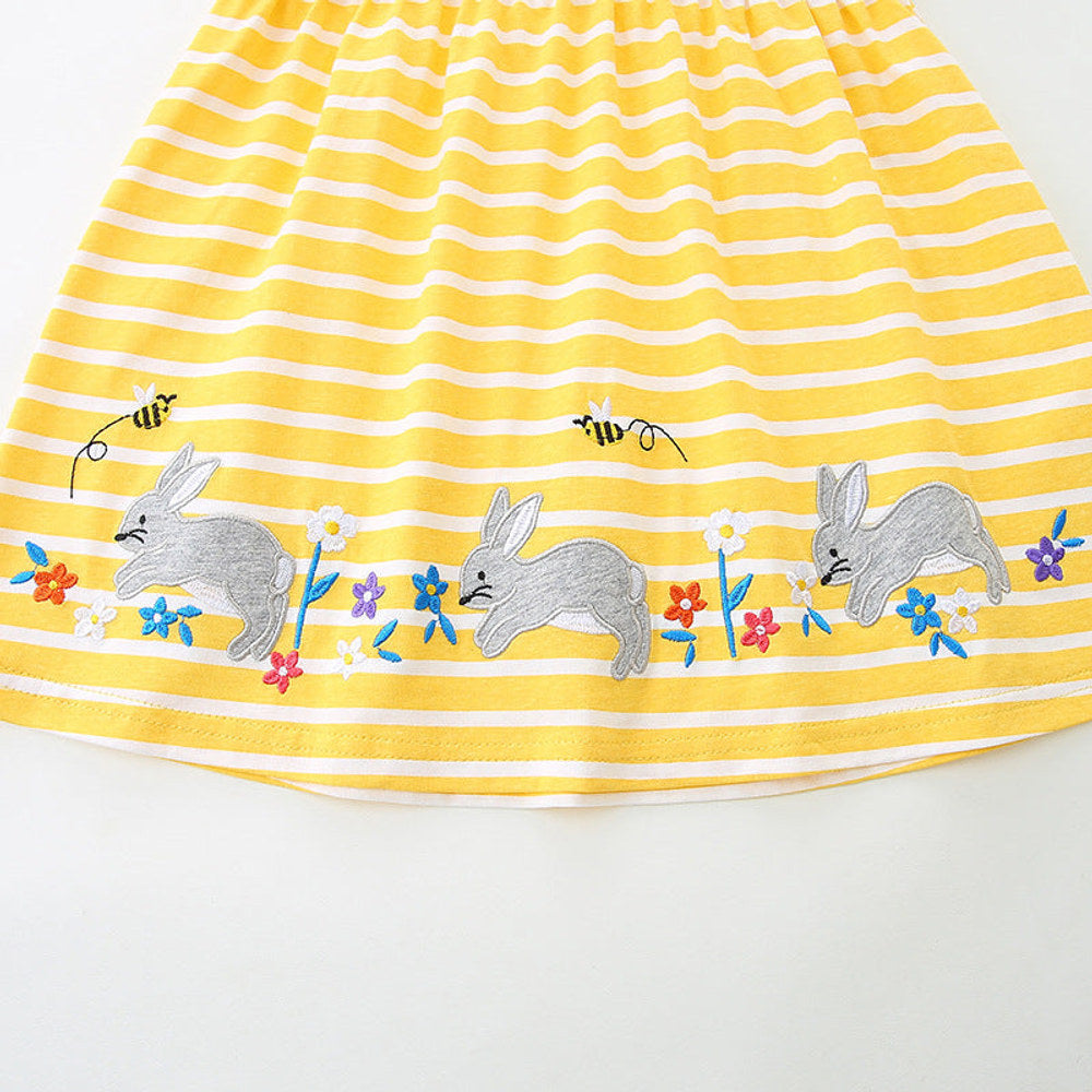 MyKids-USA® Baby Girls Cute Rabbits Pattern Short Sleeves Striped Dress