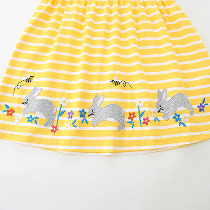 MyKids-USA® Baby Girls Cute Rabbits Pattern Short Sleeves Striped Dress