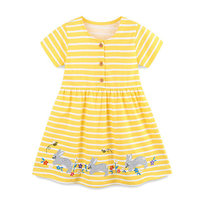 MyKids-USA® Baby Girls Cute Rabbits Pattern Short Sleeves Striped Dress