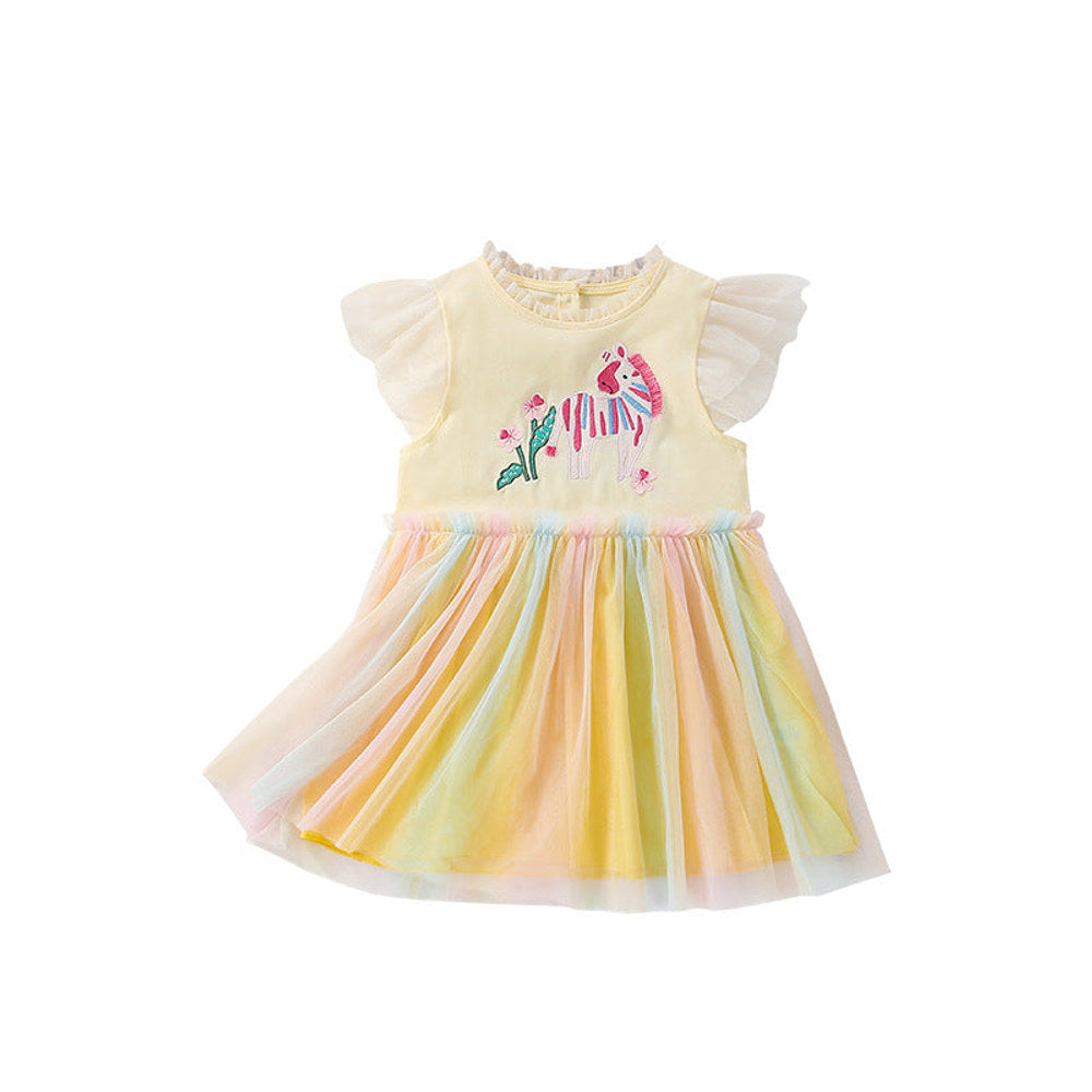 MyKids-USA® Animals Cartoon Pattern Fly Sleeves Tulle Patchwork Dress for Stylish Girls
