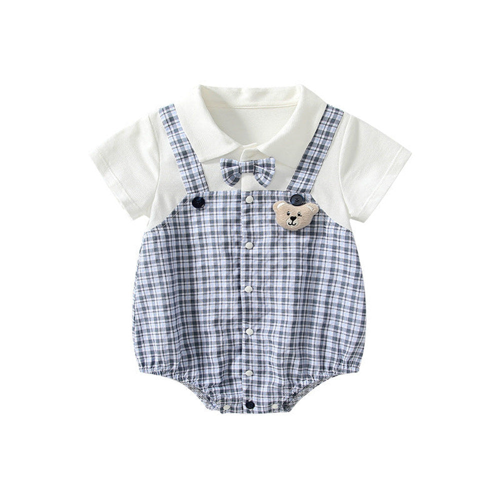 MyKids-USA® Short Sleeves Plaid Pattern Single Breasted bodysuit with Turn-down Collar