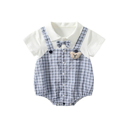 MyKids-USA® Short Sleeves Plaid Pattern Single Breasted bodysuit with Turn-down Collar