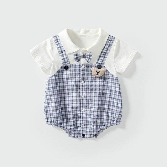 MyKids-USA® Short Sleeves Plaid Pattern Single Breasted bodysuit with Turn-down Collar