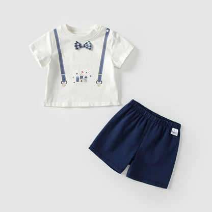 MyKids-USA® Baby Kids Casual Strap Pattern Short Sleeves Top T-Shirt with Blue Shorts Clothing Set for Boys
