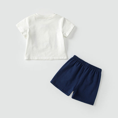 MyKids-USA® Baby Kids Casual Strap Pattern Short Sleeves Top T-Shirt with Blue Shorts Clothing Set for Boys