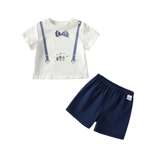 MyKids-USA® Baby Kids Casual Strap Pattern Short Sleeves Top T-Shirt with Blue Shorts Clothing Set for Boys