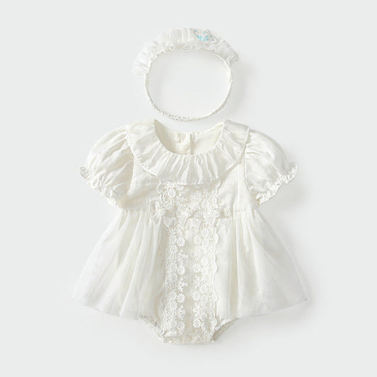 MyKids-USA® Baby Girls Cute Solid Color Floral Embroidery Short Sleeves Dress Design bodysuit