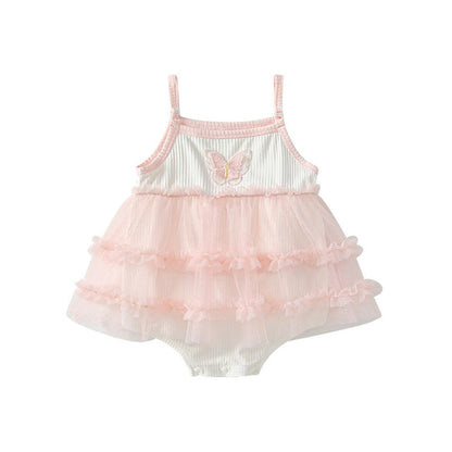 MyKids-USA® Baby Girls Cute Color Patchwork Butterfly Pattern Sleeveless Tulle Dress Design bodysuit