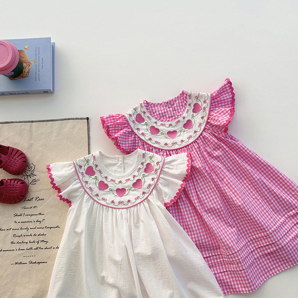MyKids-USA® Baby Kids Girls Fly Sleeves Heart Pattern Embroidered Dress
