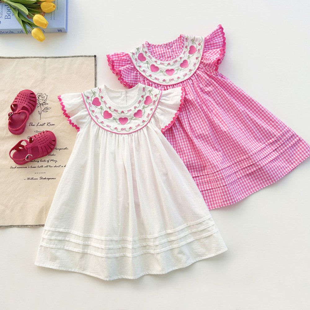 MyKids-USA® Baby Kids Girls Fly Sleeves Heart Pattern Embroidered Dress