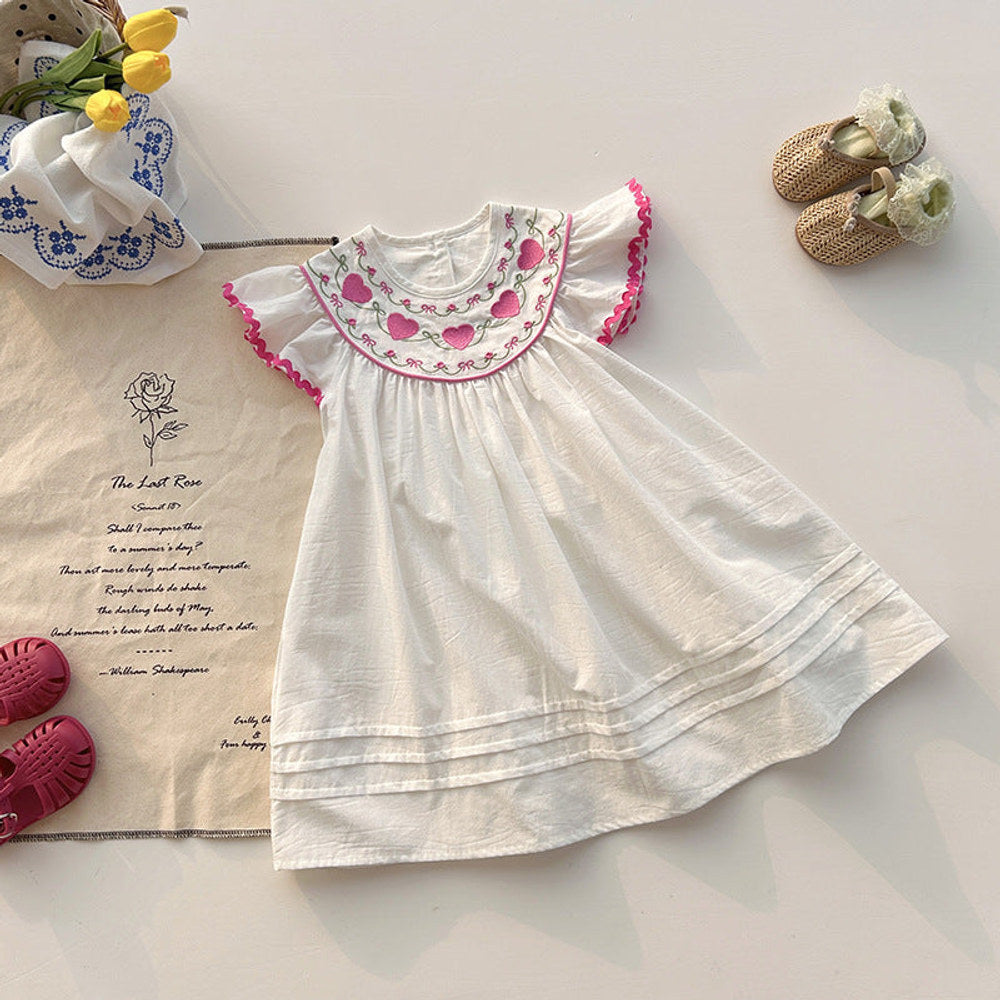 MyKids-USA® Baby Kids Girls Fly Sleeves Heart Pattern Embroidered Dress