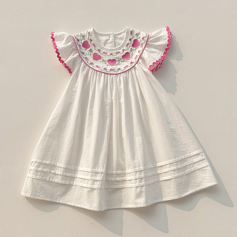 MyKids-USA® Baby Kids Girls Fly Sleeves Heart Pattern Embroidered Dress