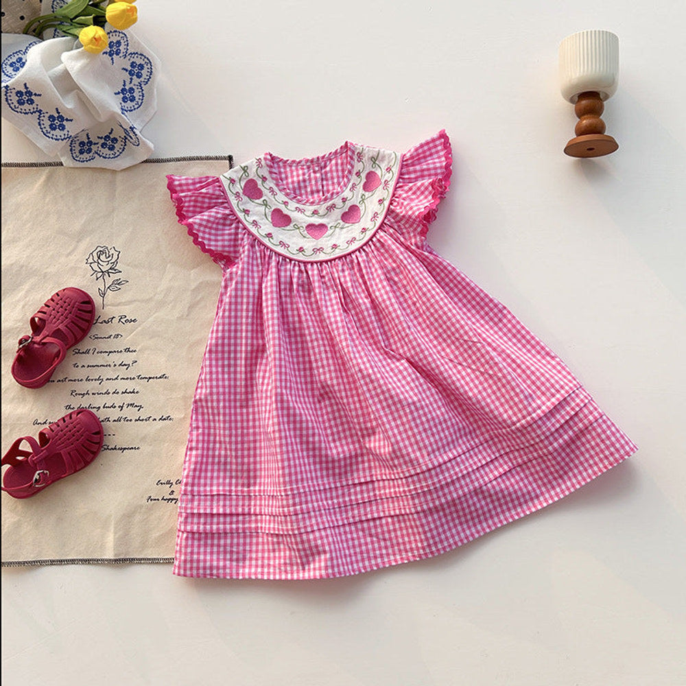 MyKids-USA® Baby Kids Girls Fly Sleeves Heart Pattern Embroidered Dress