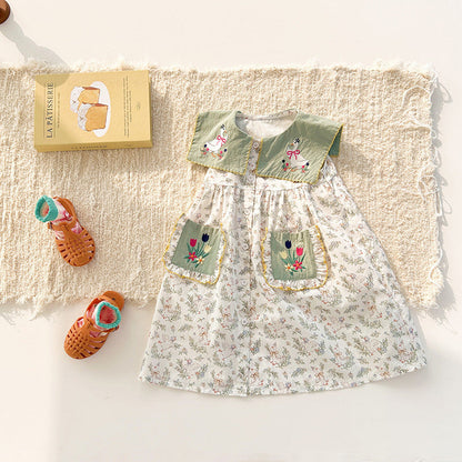 MyKids-USA® Baby Kids Girls Sleeveless Flowers and Animals Pattern Embroidered Dress