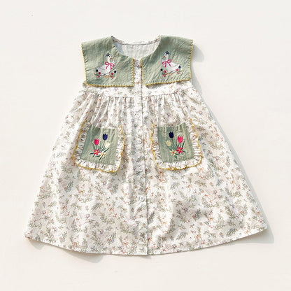 MyKids-USA® Baby Kids Girls Sleeveless Flowers and Animals Pattern Embroidered Dress