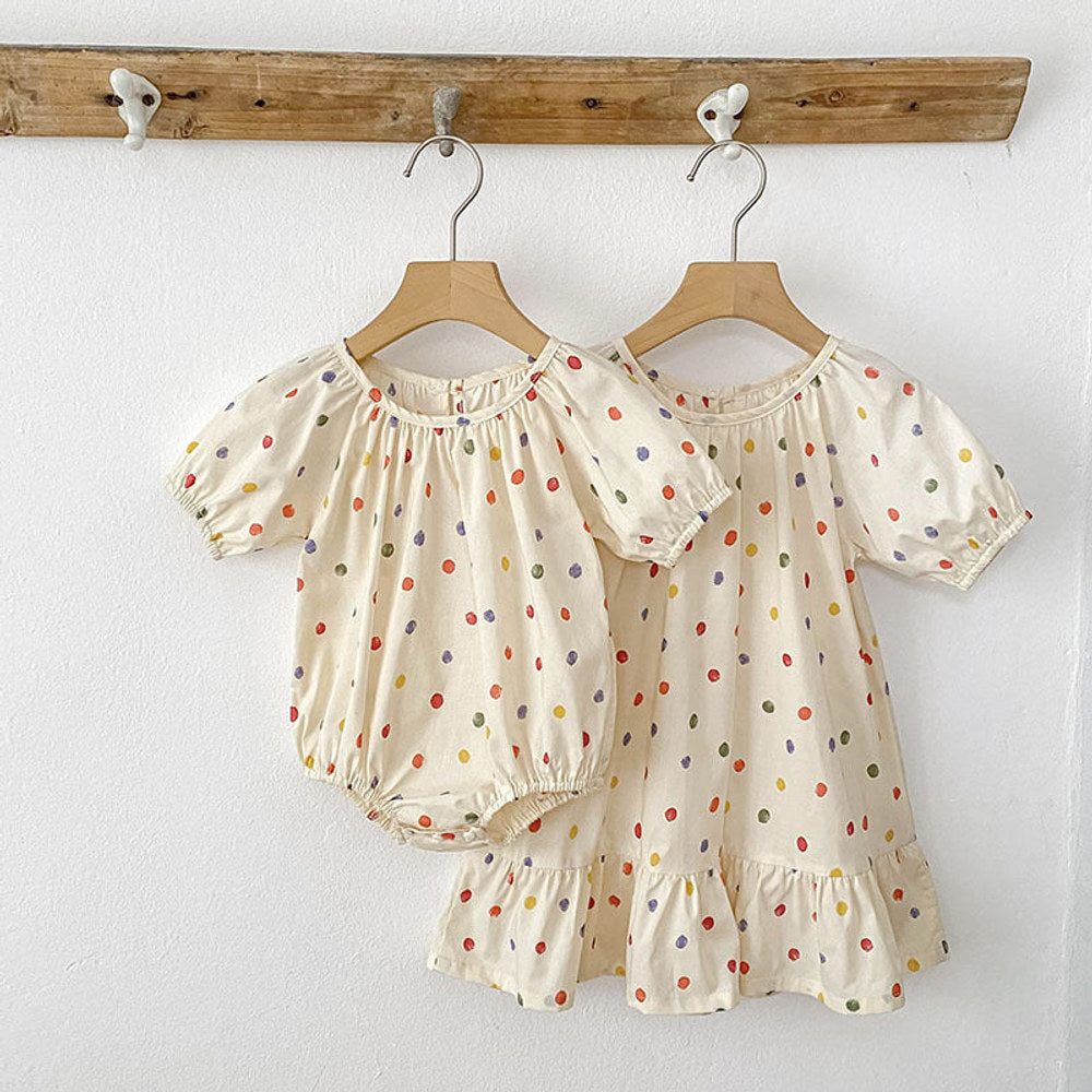 MyKids-USA® Girls Coloful Dots Pattern Short Sleeves bodysuit and Girls’ Dress – Princess Sister Matching Set
