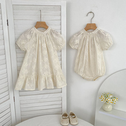 MyKids-USA® Girls Solid Color Flowers Embroidery Short Sleeves bodysuit and Girls’ Dress – Princess Sister Matching Set