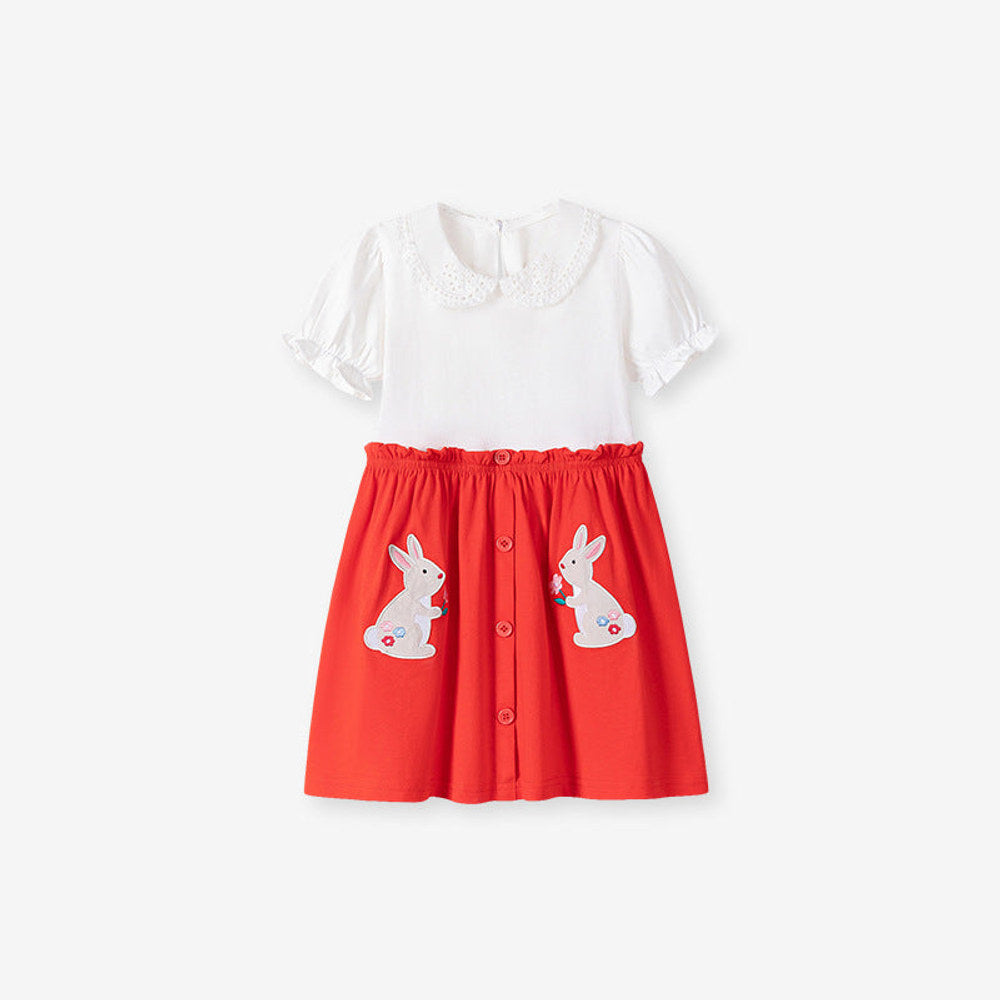 MyKids-USA® Baby Girls Cute Color Patchwork Rabbits Pattern Short Sleeves Dress