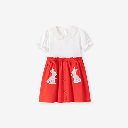 MyKids-USA® Baby Girls Cute Color Patchwork Rabbits Pattern Short Sleeves Dress