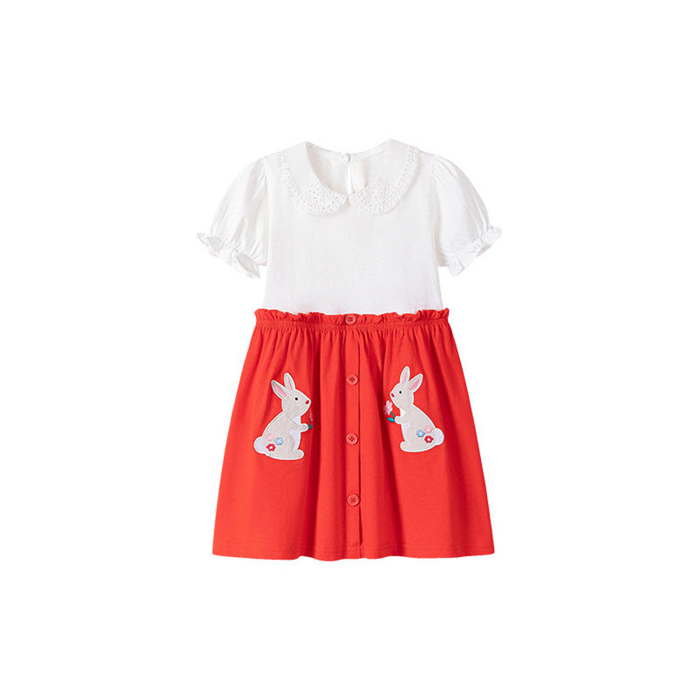 MyKids-USA® Baby Girls Cute Color Patchwork Rabbits Pattern Short Sleeves Dress