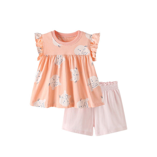 MyKids-USA® Baby Kids Cartoon Leopards Pattern Top and Pink Shorts Clothing Set for Girls
