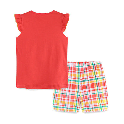 MyKids-USA® Baby Kids Cartoon Sunshine Pattern Vest and Plaid Shorts Clothing Set for Girls