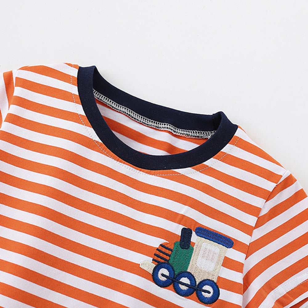MyKids-USA® Boys’ Train Embroidered Pattern Striped T-shirt in European and American Style