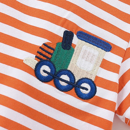MyKids-USA® Boys’ Train Embroidered Pattern Striped T-shirt in European and American Style