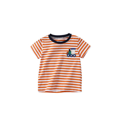 MyKids-USA® Boys’ Train Embroidered Pattern Striped T-shirt in European and American Style