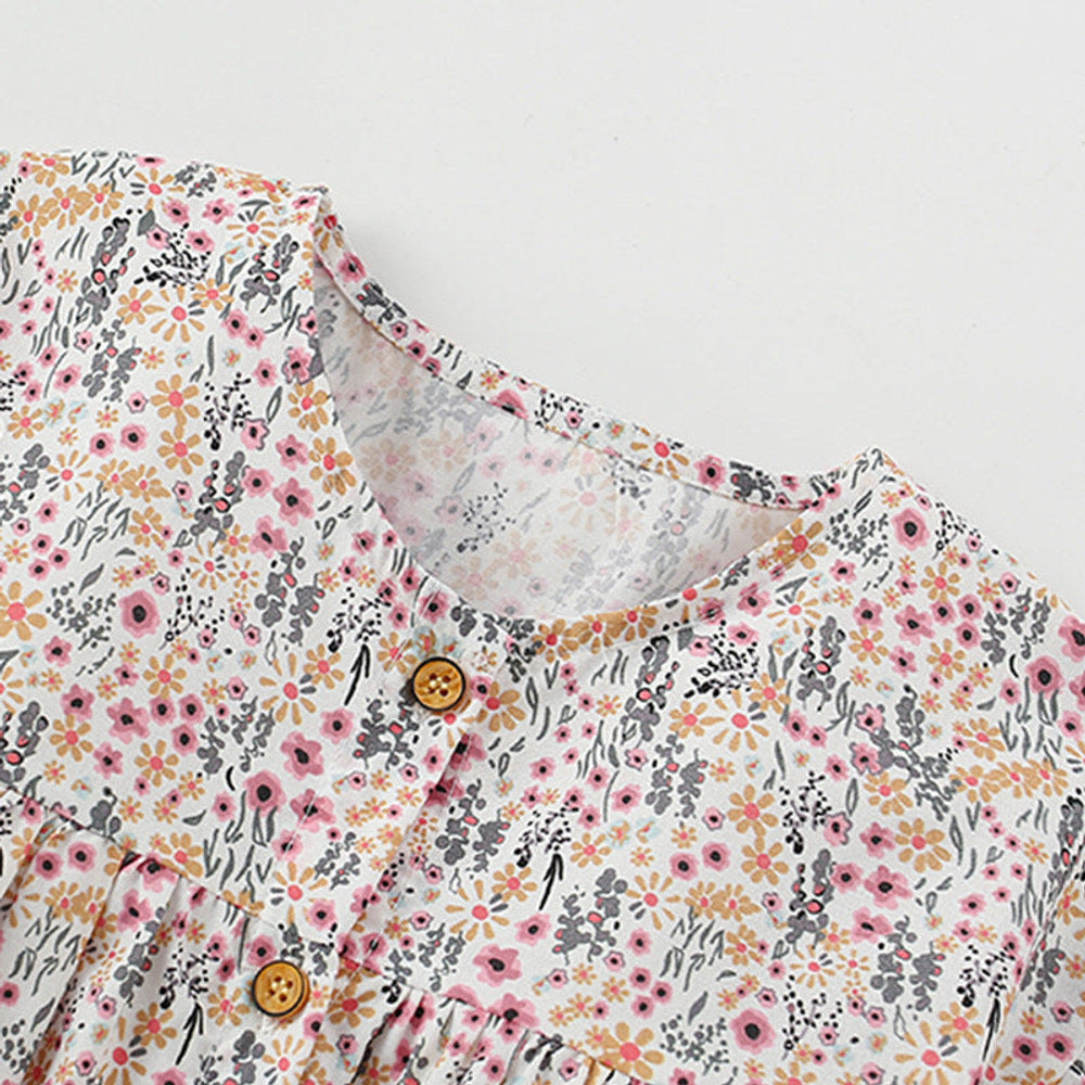 MyKids-USA® Flowers Pattern Short Sleeves Single Breasted Dress for Stylish Girls