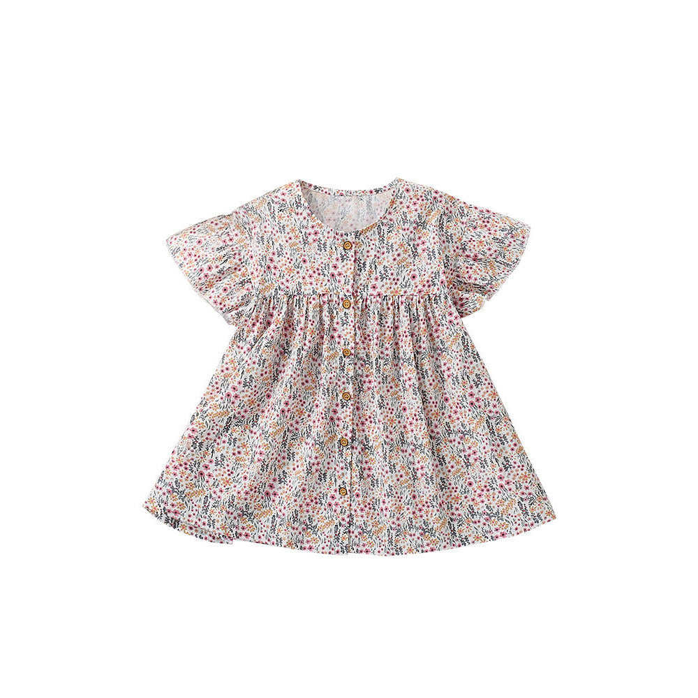 MyKids-USA® Flowers Pattern Short Sleeves Single Breasted Dress for Stylish Girls