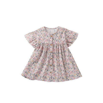MyKids-USA® Flowers Pattern Short Sleeves Single Breasted Dress for Stylish Girls