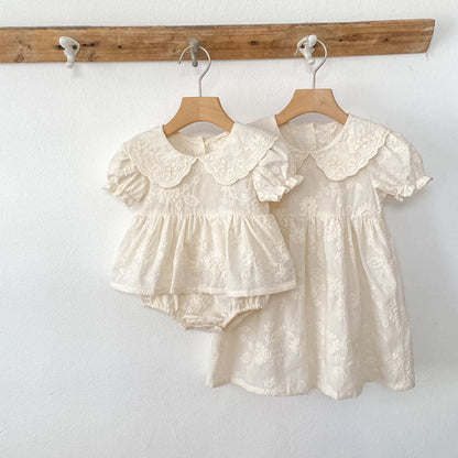 MyKids-USA® Girls Solid Color Flowers Embroidery Short Sleeves bodysuit or Girls’ Dress – Princess Sister Matching
