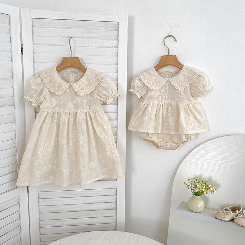 MyKids-USA® Girls Solid Color Flowers Embroidery Short Sleeves bodysuit or Girls’ Dress – Princess Sister Matching
