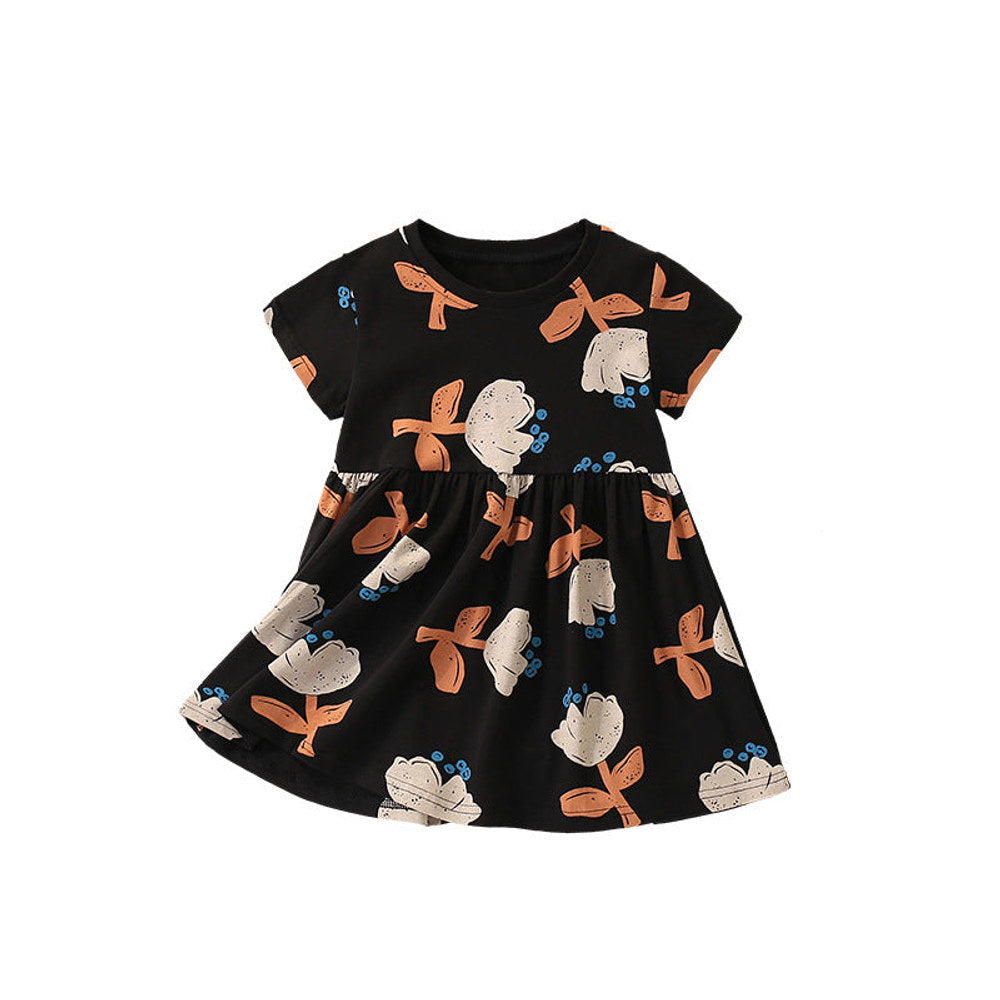 MyKids-USA® Flowers Painting Pattern Short Sleeves Dress for Stylish Girls
