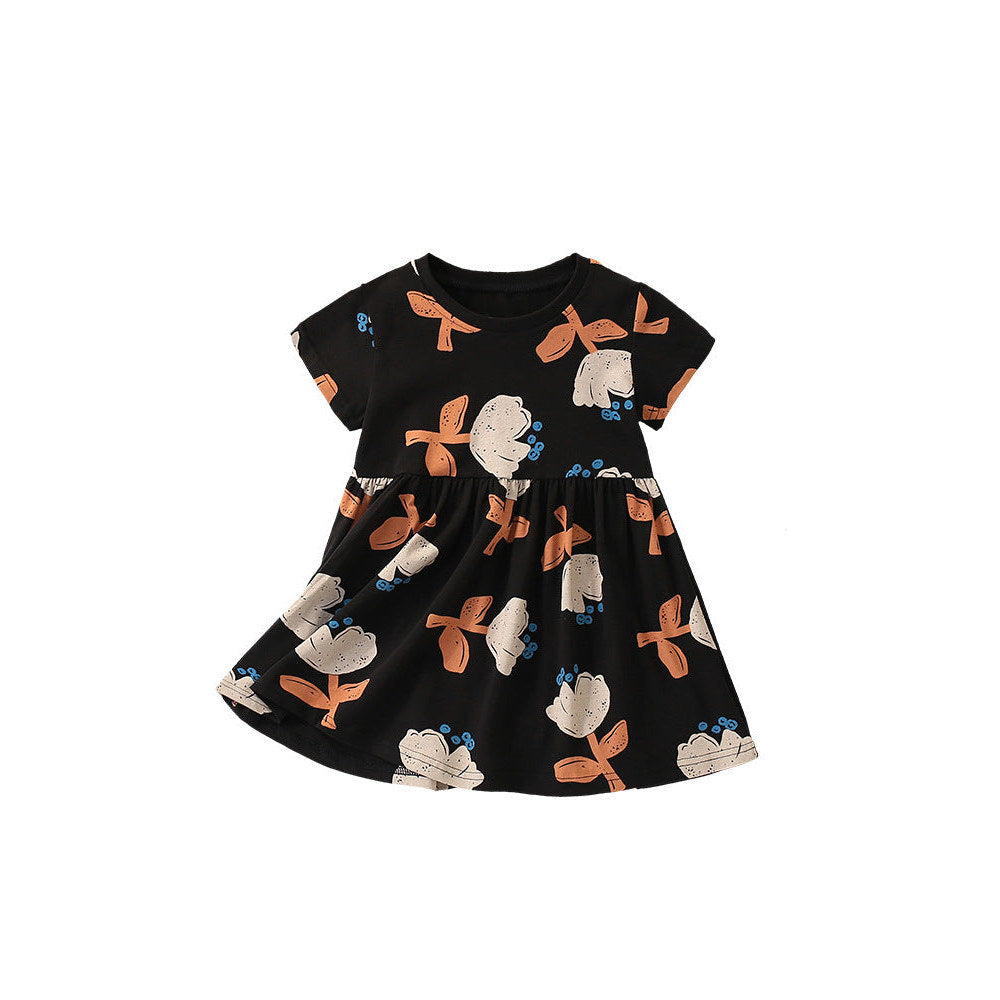 MyKids-USA® Flowers Painting Pattern Short Sleeves Dress for Stylish Girls