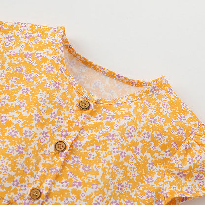 MyKids-USA® Flowers Pattern Short Sleeves Single Breasted Dress for Stylish Girls