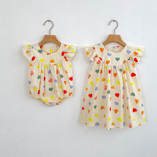 MyKids-USA® Girls Simple Colorful Hearts Pattern Fly Sleeves bodysuit and Girls’ Dress – Princess Sister Matching Set