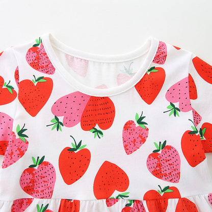 MyKids-USA® Pure Cotton Fruits Strawberry Pattern Short Sleeves Dress for Stylish Girls
