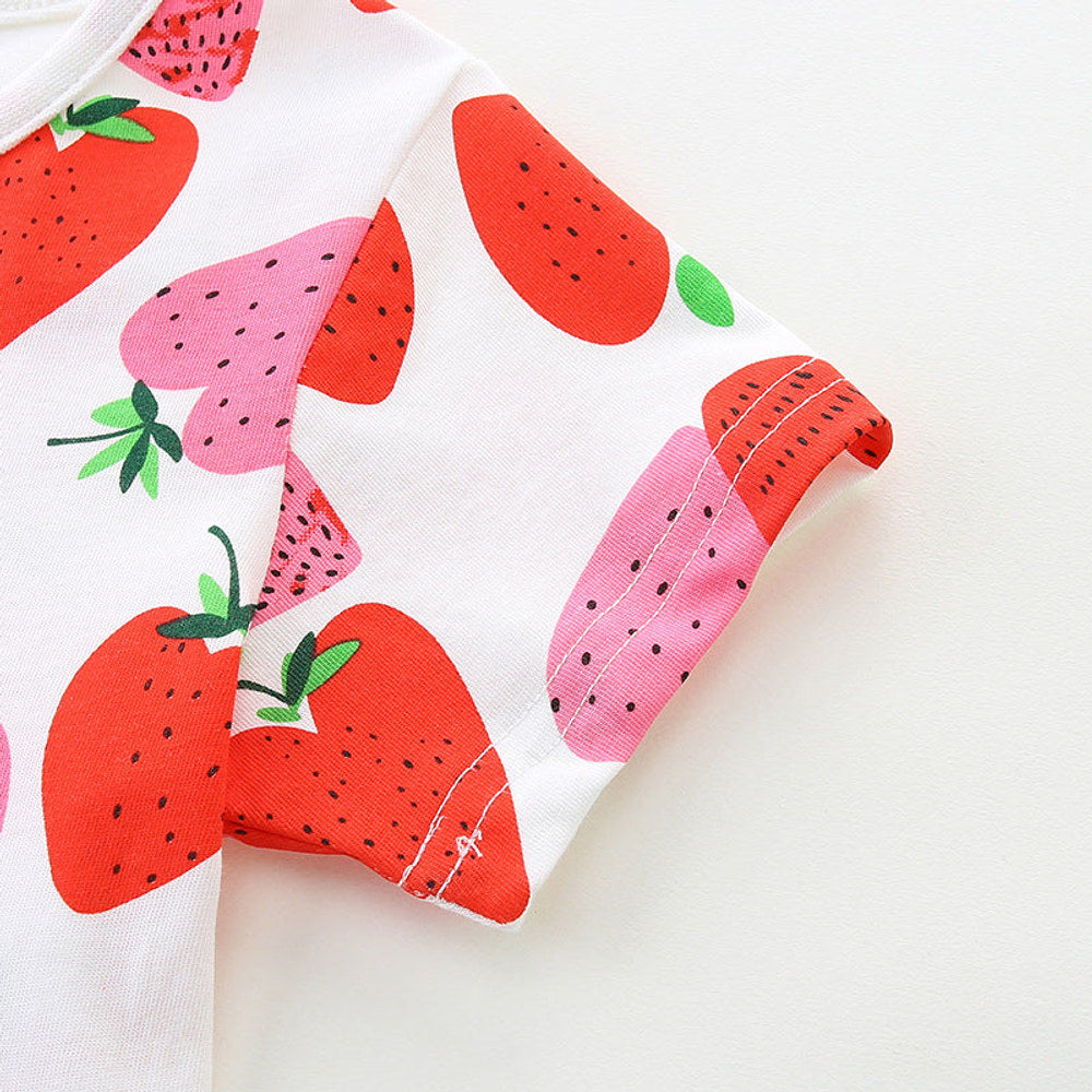 MyKids-USA® Pure Cotton Fruits Strawberry Pattern Short Sleeves Dress for Stylish Girls