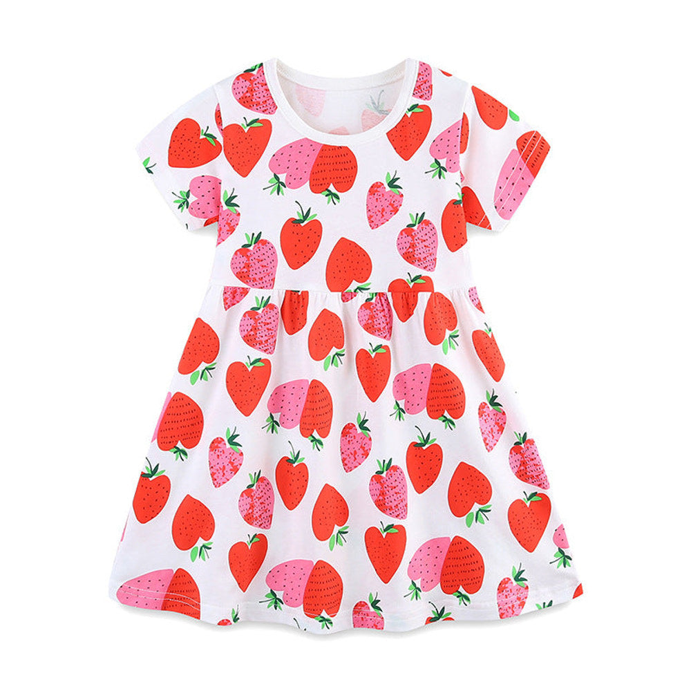 MyKids-USA® Pure Cotton Fruits Strawberry Pattern Short Sleeves Dress for Stylish Girls