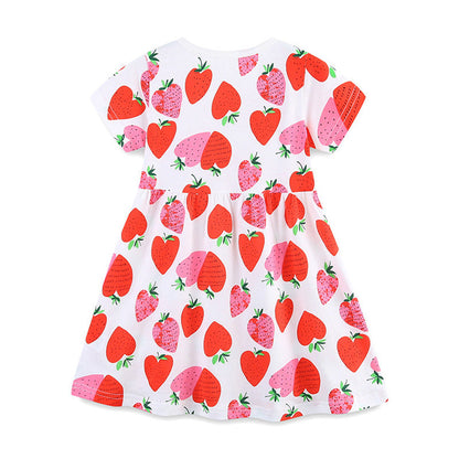 MyKids-USA® Pure Cotton Fruits Strawberry Pattern Short Sleeves Dress for Stylish Girls