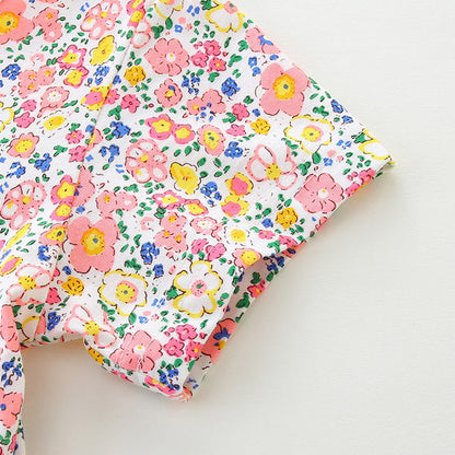 MyKids-USA® Pure Cotton Colorful Floral Pattern Short Sleeves Dress for Stylish Girls