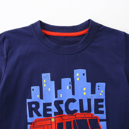 MyKids-USA® Boys’ Fire Truck Cartoon Pattern T-shirt in European and American Style