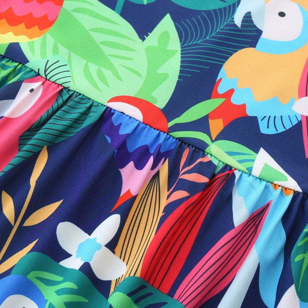 MyKids-USA® Summer Colorful Parrots Pattern Sleeveless Dress for Stylish Girls