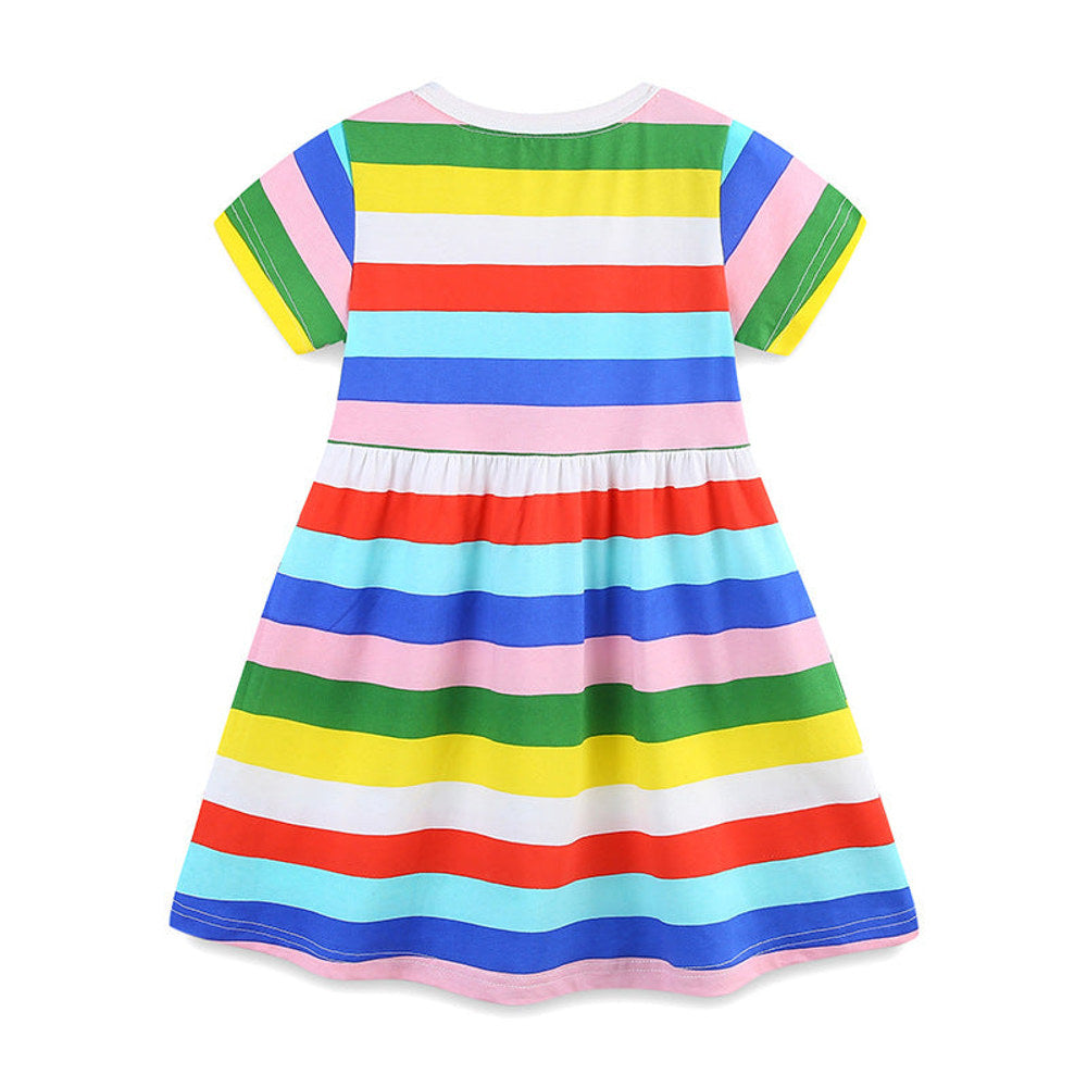 MyKids-USA® Colorful Rainbow Striped Pattern Short Sleeves Dress for Stylish Girls